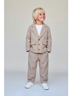 Magu Erkek Çocuk Pamuklu Bej Çizgili Ceket Pantolon Takım - Kısa Kollu T-Shirtlü 3'lü