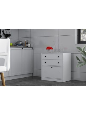 Nettrends Çekmeceli Kapaklı Raflı Beyaz  Çok Amaçlı Dolap 65,4 cm  Çıtasız ÇA-D-1141-Ç