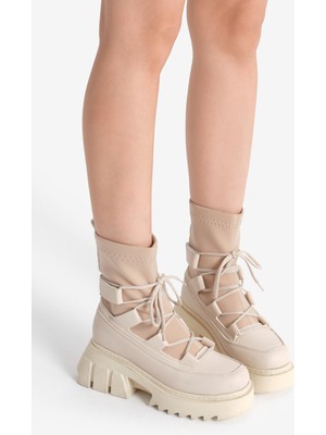 Tonny Black Kadın Bej Kalın Platform Poli Taban Streç Bağcıklı Bot