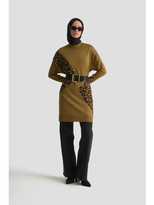 Armine Trend Leopar Desenli Triko Tunik Yağ Yeşili 25YTD4109