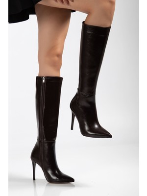 Budi LS-226 Kahve Kırışık Rugan Fermuarlı Lastikli Ince Yüksek Topuklu Kadın Çizme