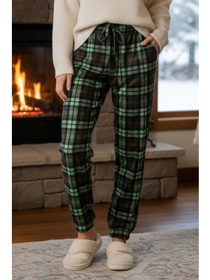 Remsa Kadın Ekose Desen Paçası Lastikli Cep Detaylı Kadife Kumaş Tek Alt 505 Yeşil