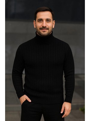 byasafkids Erkek Balıkcı Yaka Bağazlı Triko Kazak Pamuklu Kalın Fitilli Dokuma, Regular Fit Uzun Kollu Kışlık Model - Siyah