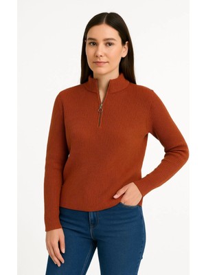 byasafkids Kadın Yarım Fermuarlı Triko Kazak – Selanik Örgü, Dik Yaka, Pamuklu Dokuma, Oversize Uzun Kollu Kışlık Model - Kiremit