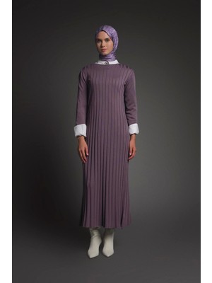 Armine Trend Kendinden Çizgili Triko Elbise Lila 25KT901
