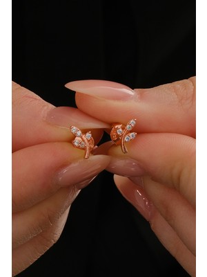 Söğütlü Silver Gümüş Rose Zirkon Taşlı Yaprak Küpe  SGTL12846ROSE