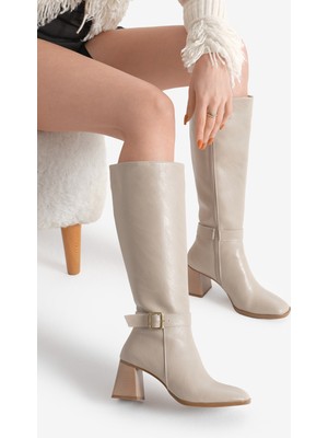 Tonny Black Kadın Bej Tpu Taban Tokalı Fermuarlı Diz Altı Topuklu Çizme