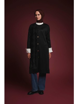 Armine Trend Bir Yanı Baklava Desenli Triko Hırka Siyah 25YTD4124