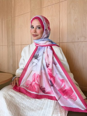 Moda Nuda Mira Ipek Desenli Bambu Kraş Şal Yaprak Desen-Fuşya