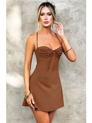 Will Like Özel Tasarım Ince Askılı Sırt Dekolteli Kahverengi Mini Saten Gecelik