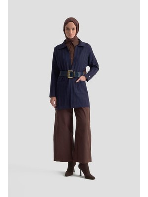 Armine Trend Kendinden Çizgi Desenli Cepli Triko Ceket Lacivert 25YTD569