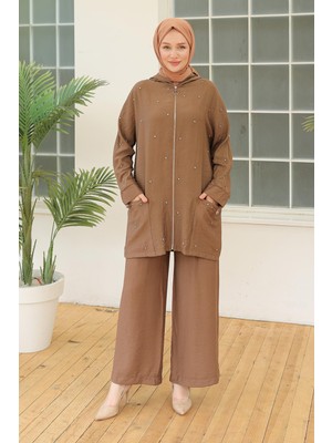 Armine Trend Taş Desenli Fermuarlı İkili Takım Kahverengi 24YT698
