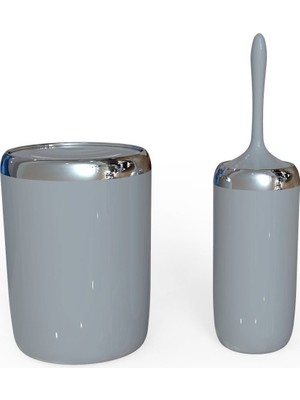 Primanova Lima Krom Dekorlu Banyo Kova Tuvalet Fırçası 2'li Set-Gri