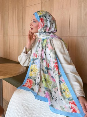 Moda Nuda Mira Ipek Desenli Bambu Kraş Şal Yaprak Desen-Mavi Renkli