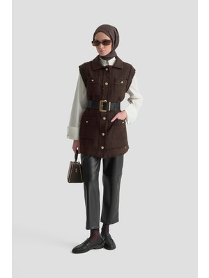 Armine Trend Gold Düğmeli Cepli Gömlek Yakalı Yelek Kahverengi 25KT516