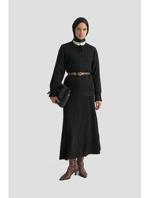 Armine Trend Kolu Büzgülü Bağcık Detaylı Etekli Triko Ikili Takım Siyah 25KTD6108