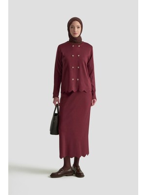 Armine Trend Çift Düğme Detaylı Cepli Etekli Triko Ikili Takım Bordo 25YTD6118