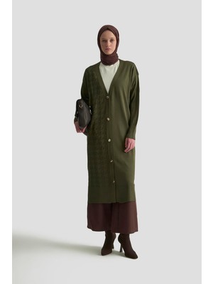 Armine Trend Kazayağı Desenli Düğmeli Triko Hırka Haki 25YTD4119