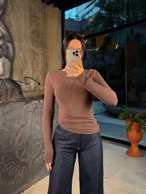 Lita Kayık Yaka Kaşmir Ultra Hafif Triko Kazak Kahve Melanj