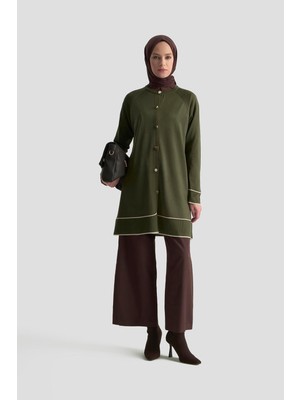 Armine Trend Çizgi Detaylı Düğmeli Triko Hırka Haki 25YTD4123