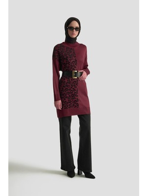 Armine Trend Leopar Desenli Balıkçı Yaka Triko Tunik Bordo 25YTD4110