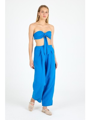 Polo State Kadın Saks Keten Yazlık Ikili Takım – Büstiyer & Pantolon