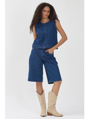 Polo State Kadın Lacivert Denim Yelek & Kapri Jean Şort Ikili Takım