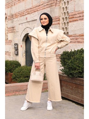 Omuz Detaylı  Kot Ceket Bej