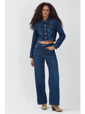 Polo State Kadın Lacivert Crop Kot Ceket Bol Paça Jean Pantolon Denim Takım