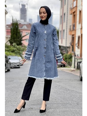 Püsküllü Kot Ceket Açık Mavi