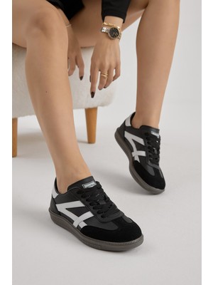 Tonny Black Unisex Siyah Beyaz Termo Taban Yanı Şeritli Bağcıklı Spor Ayakkabı