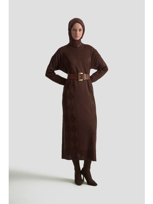 Armine Trend Baklava Desenli Triko Elbise Kahverengi 25YTD958