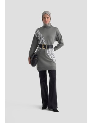 Armine Trend Leopar Desenli Triko Tunik Gri 25YTD4109