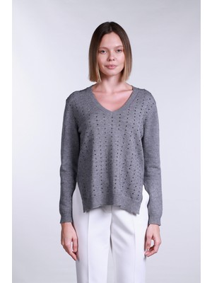 Sempre Kadın V Yaka Yandan Yırtmaçlı Taş Detaylı Kazak 2754 Gri