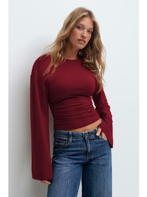 Madmext Bordo Bisiklet Yaka Yanları Büzgülü Geniş Kollu Kadın Bluz MG2628