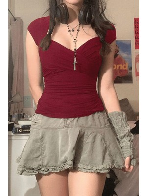 İsra Ayyıldız Moonstar Collection Bordo Y2K Kalp Yaka Kısa Kol Kadın Bluz