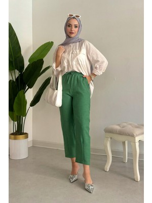 Tesettür Diyarı Melaj Kumaş Sofya Keten Pantolon-Yeşil