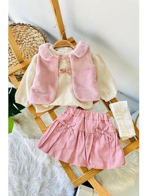 Miniğimin Cicileri Kürk Yelekli Kız Bebek 4 Lü Takım - Pudra