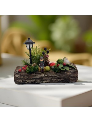 Florivya Design Dekoratif Kütük Üzeri Yapay Bitki ve Figürlü Masa Süsü
