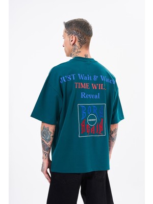Machinist Erkek Just Wait Baskılı Oversize Tişört Yağ Yeşili