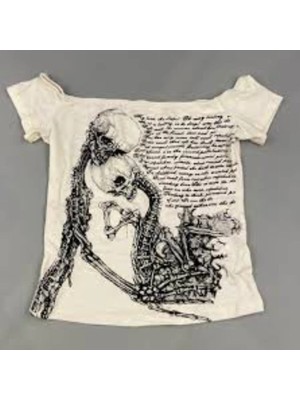 İsra Ayyıldız Moonstar Collection Ebedi Aşk Yazılı Gotik Iskelet Düşük Omuzlu Broken Heart Bluz