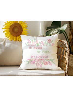 Qoeuyl Boutique My House My Rules Baskılı Elyaf Dolgulu Hediyelik Yastık