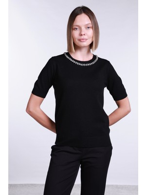 Sempre Kadın Yakası Taş Detaylı Kısa Kollu Kazak 2702 Siyah
