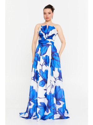 Şeref Vural Kadın Çiçek Desenli Straplez Uzun Abiye Elbise 8357 Mavi