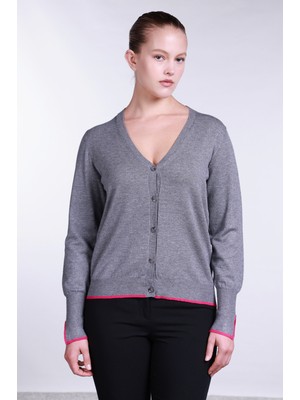 Sempre Kadın V Yaka Kolları Yırtmaçlı Hırka 2708 Gri-Fuşya