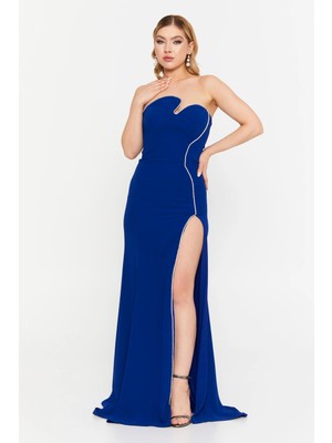 Şeref Vural Kadın Straplez Derin Yırtmaçlı Balık Form Abiye Elbise 8266 Saks