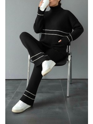 Newco Ekru Çizgi Detaylı Balıkçı Boğazlı Fitilli Triko Ikili Takım Rahat Kalıp