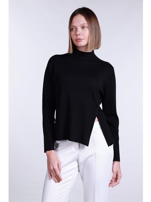 Sempre Kadın Yarım Balıkçı Yırtmaç Detaylı Yün Kazak 2742 Siyah