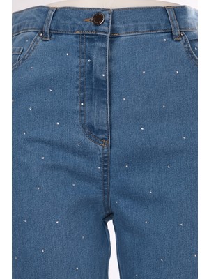 Seleste Minimalist Taş Detaylı Kadın Jean Pantolon - Midi Boy