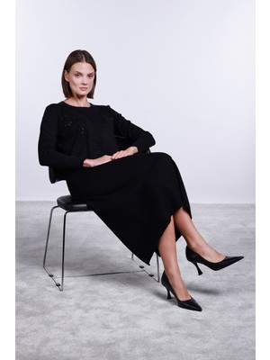 Sempre Kadın Bisiklet Yaka Pul Işlemeli Yün Kazak 2765 Siyah